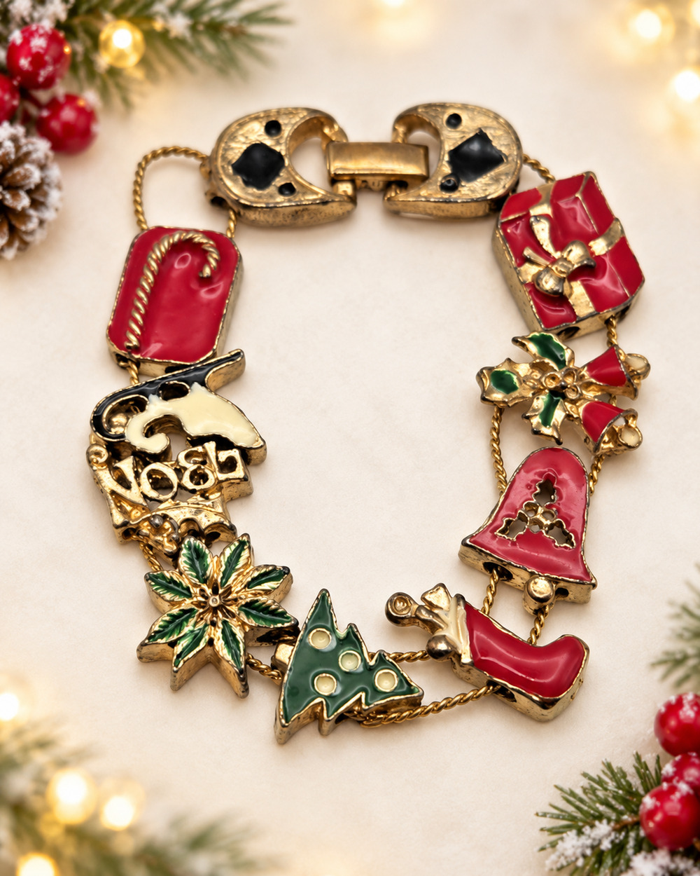 Vintage Christmas Icons Slider Charm Bracelet Red Green Enamel Gold Tone 7.75"